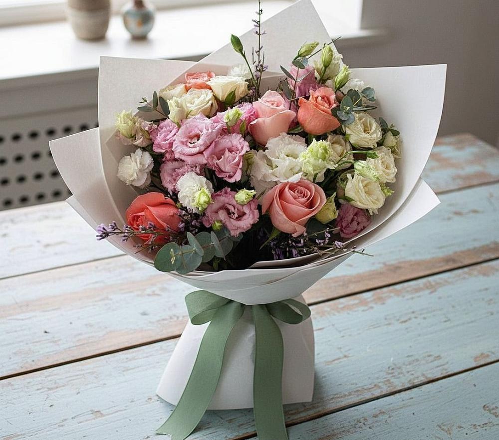 Букет цветов из: Розы, Лизиантусы и Гвоздики в Чадане