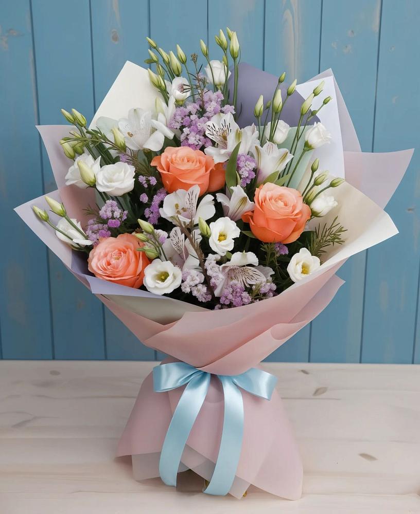 Букет цветов из: Лизиантусы, Розы, Альстромерии и Гипсофила в Чадане