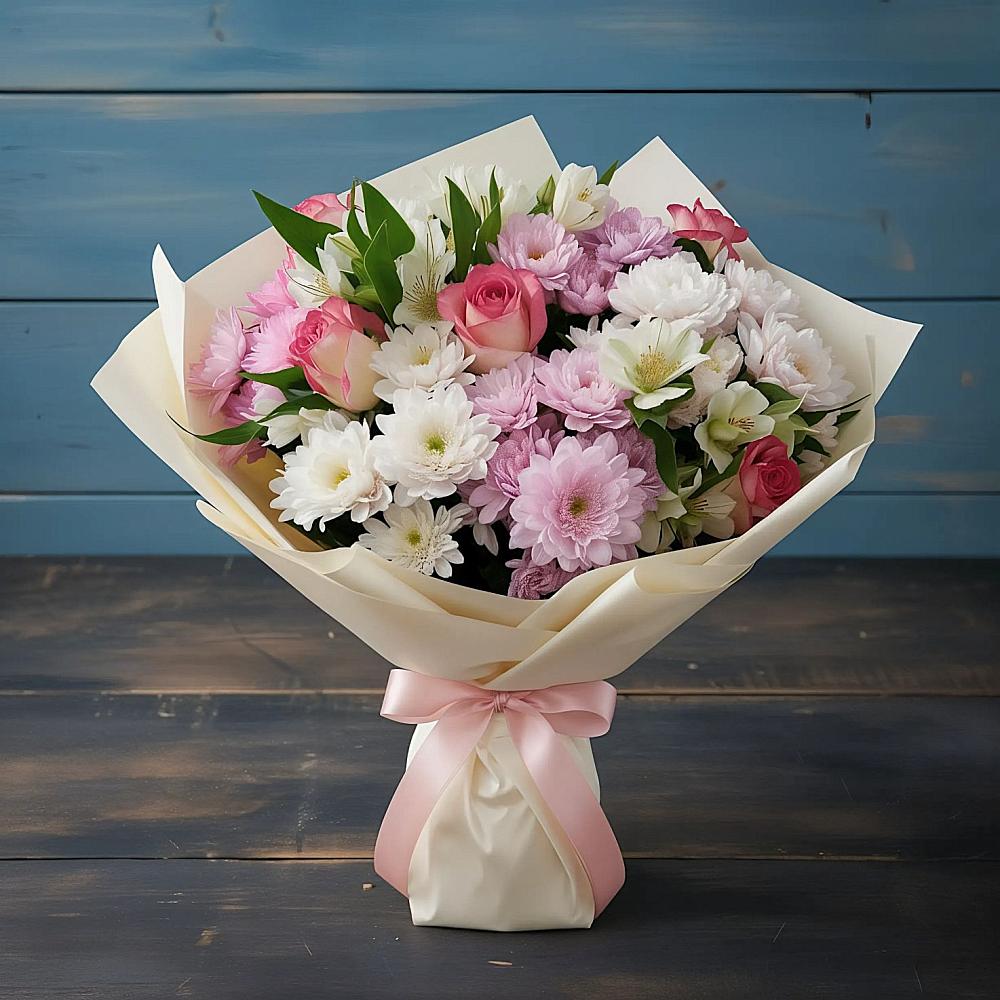 Букет цветов из: Хризантемы, Альстромерии и Розы в Чадане